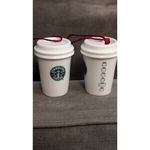 Starbucks Holiday 2004 Ceramic Cup Ornaments Set of 2 Barista Markings Coffee